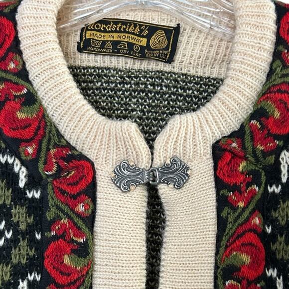 Nordstrikk Norway 100% Wool Cardigan Women’s XL Cream Floral Trim Pewter Hooks - Picture 5 of 7
